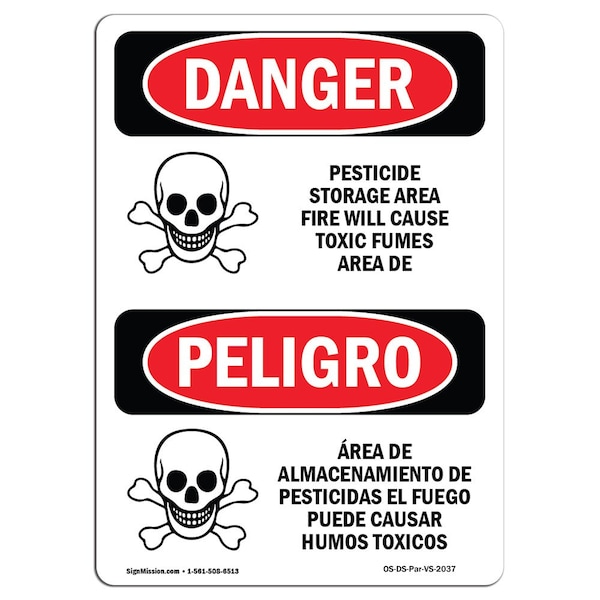 Safety Sign, OSHA Danger, 5" Height, Pesticide Storage Area, Spanish, 10PK